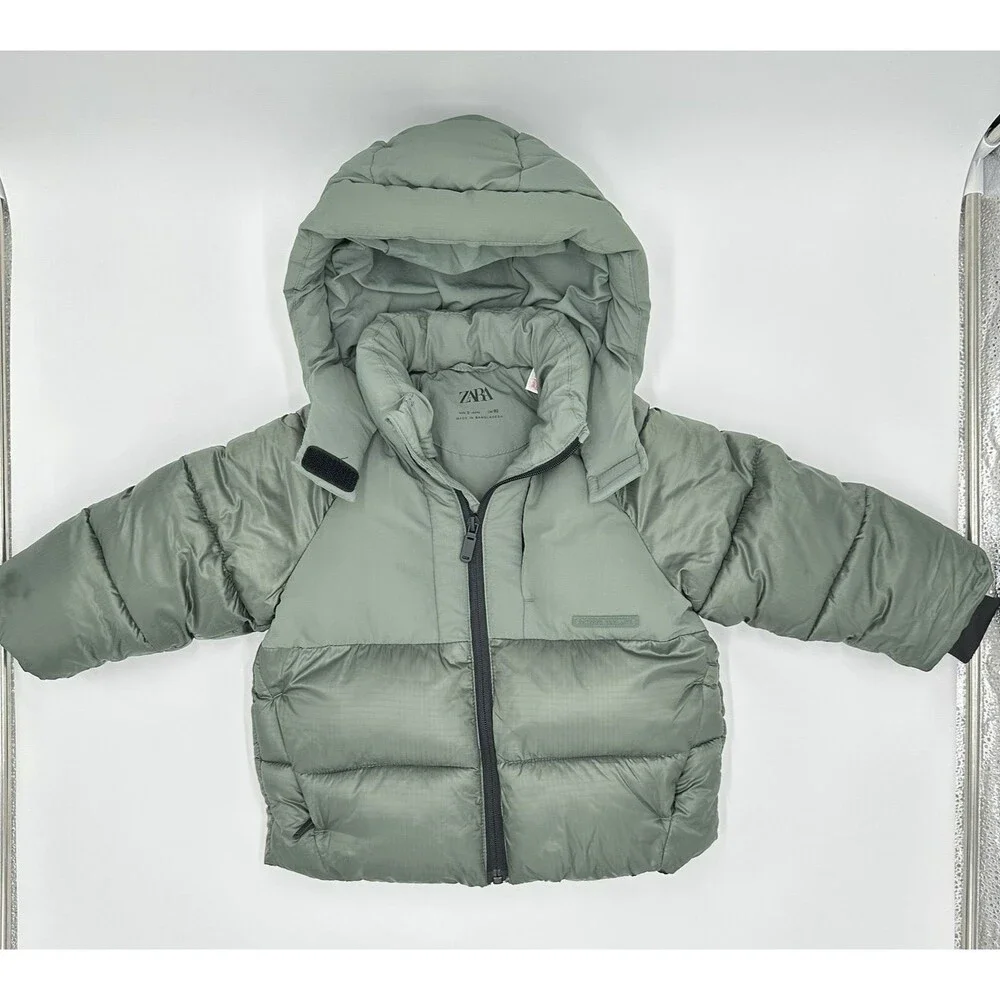 Zara Kids Toddler Green Puffer Coat Size 2 Years Hooded Winter Girls Zip Front